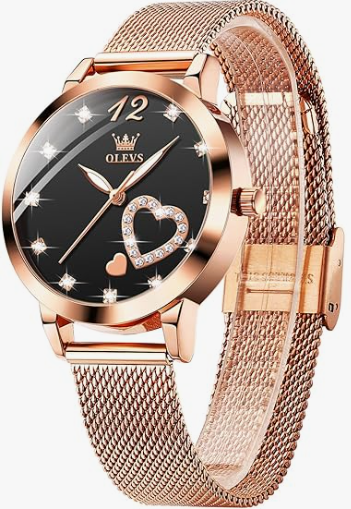 Rose Luxe Heart: Elegant Rose Gold Dress with Heart Diamond, Stainless Steel Mesh Strap, Analog Quartz, Waterproof, Luminous Bracelet Gift Set