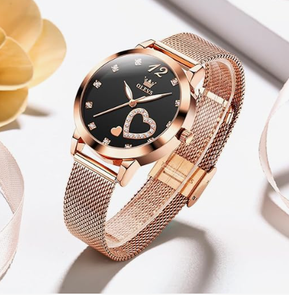 Rose Luxe Heart: Elegant Rose Gold Dress with Heart Diamond, Stainless Steel Mesh Strap, Analog Quartz, Waterproof, Luminous Bracelet Gift Set