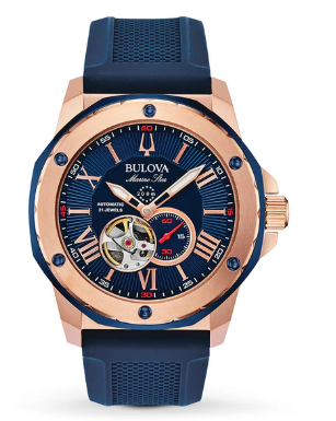 Bulova Mens Marine Star Watch In Rose Gold and Blue